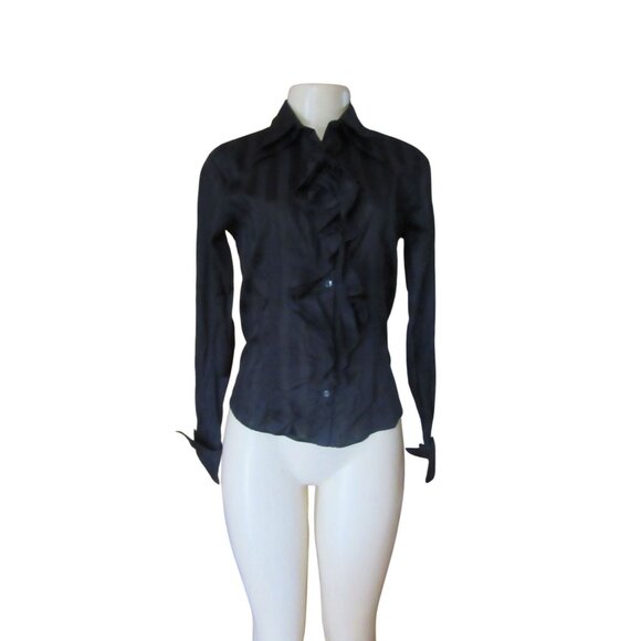 Anne Fontaine Black Cotton Blend Ruffle Front Blouse Sz 38 - Picture 4 of 8